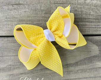 Hair Bow for Girls-Yellow Polka Dot Hair Bow-Large Hair Bow-Hairbow-Summer Hairbow-Boutique Hair Bow-Big Hair Bow-Back to School Bow