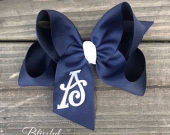 Girls Monogrammed Hair Bow-Navy Hair Bow-Back to School Bow-Initial Hair Bow-Blissful Bows and Sews, School Bow-Hair Clip