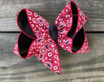 Red Bandana Hair Bow-Back to School Hair Bow-Boutique Hair Bow-Blissful Bows and Sews-Spring Summer Hair Bow