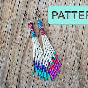 May include: A pair of long, white beaded earrings with colorful accents. The earrings are made with small, white beads and feature stripes of turquoise, blue, pink, and red beads.