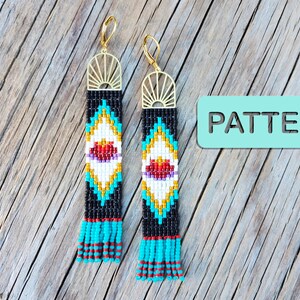 May include: A pair of long, beaded earrings with a turquoise, red, white, and gold geometric pattern. The earrings have a gold sunburst design at the top and a turquoise fringe at the bottom. The word "PATTERN" is written on a turquoise background in the image.
