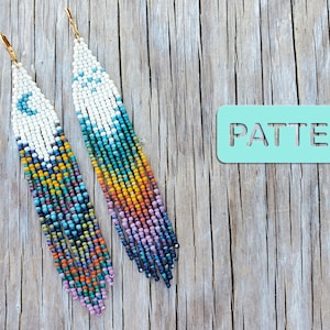 May include: A pair of long, colorful beaded earrings with a white section at the top. The earrings are hanging from a wooden surface with the word "PATTERN" written on a light blue tag.