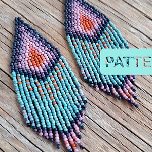 May include: A pair of long, beaded earrings with a turquoise, purple, and orange color scheme. The earrings are teardrop shaped and have a fringe at the bottom. The word "PATTERN" is written on a blue background in the image.