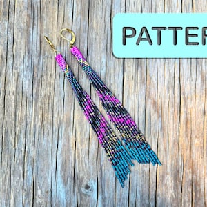 May include: Long beaded earrings in shades of pink, black, teal, and gold with gold-colored ear wires. The earrings are displayed on a wooden surface. The word "PATTERN" is in a light blue rectangle in the upper right corner.