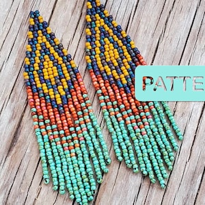 May include: A pair of long, colorful beaded earrings with a turquoise, orange, yellow, and blue color scheme. The earrings are hanging from a wooden surface. The word "PATTERN" is printed on a turquoise background.