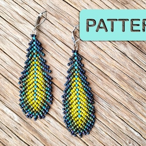 May include: A pair of beaded earrings in a teardrop shape. The earrings are made with blue, green, and yellow beads and have silver hooks.