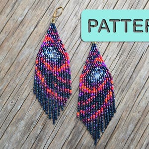 May include: A pair of beaded earrings with a teardrop shape. The earrings feature a pattern of orange, purple, and blue beads, with a fringe of dark blue beads at the bottom. The word "PATTERN" is displayed on a light blue rectangle.