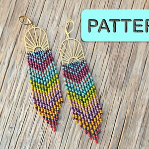 May include: A pair of beaded earrings with a gold-coloured sunburst design at the top. The earrings feature a rainbow of colours, including red, purple, yellow, and blue. The word "PATTERN" is in a light blue rectangle.