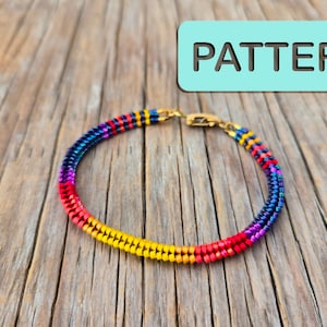 Può includere: Un braccialetto di perline colorate con un gradiente arcobaleno di colori, tra cui rosso, giallo, blu e viola. Il braccialetto ha una chiusura dorata ed è esposto su una superficie di legno. La parola "PATTERN" è in un rettangolo azzurro.
