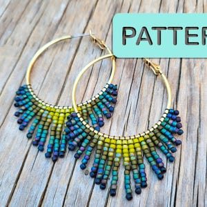 May include: A pair of gold hoop earrings with a fringe of iridescent blue, green, and yellow beads. The earrings are on a wooden surface.