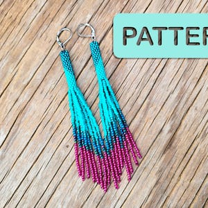 May include: A pair of long, beaded earrings with a gradient of turquoise, blue, and burgundy beads. The earrings are hanging from silver hooks.