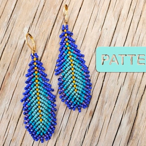 May include: A pair of blue and gold beaded feather earrings with gold hooks. The earrings are on a wooden surface with a teal blue sign that says "PATTERN".
