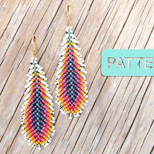 May include: A pair of long, teardrop-shaped earrings with a colorful geometric pattern made of small beads. The earrings are made with white, orange, pink, purple, blue, and gold beads.