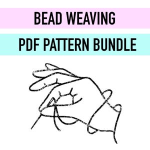 May include: The image displays the text "BEAD WEAVING PDF PATTERN BUNDLE" in black capital letters. A black line drawing of a hand is below the text. The background is white, with a pink and light blue banner.