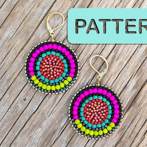 May include: A pair of colorful beaded earrings with a circular design. The earrings are made with black, pink, red, green, and yellow beads. The earrings are hanging from gold hooks.