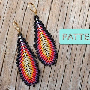 May include: A pair of beaded earrings with a teardrop shape. The earrings are made with black, white, orange, yellow, pink, and purple beads. The earrings are hanging from gold hooks.