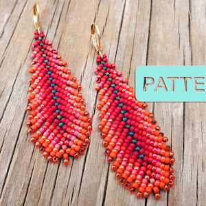 May include: A pair of long, beaded earrings in shades of red, orange, and pink. The earrings are shaped like feathers and have a gold-colored hook.