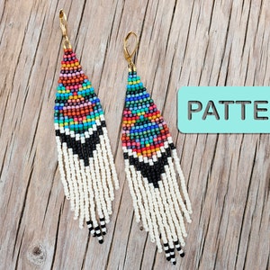 May include: Handmade beaded earrings with a colorful geometric design. The earrings feature a pattern of white, black, red, blue, and yellow beads, with a fringe of white beads. The earrings have gold-colored ear wires. The word "PATTERN" is in the image.