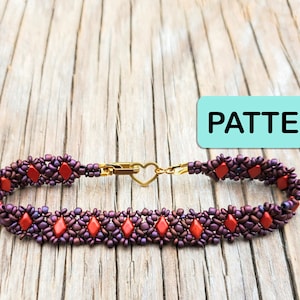 May include: A beaded bracelet with a heart-shaped clasp. The bracelet features a pattern of purple and red beads. The word "PATTERN" is in a light blue rectangle in the upper right corner.