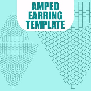 Może przedstawiać: Projekt szablonu kolczyków z turkusowym tłem. Projekt zawiera wiele geometrycznych kształtów złożonych z małych prostokątów, tworzących wzory kolczyków. Tekst "AMPED EARRING TEMPLATE" jest wyświetlany w zielonych literach.