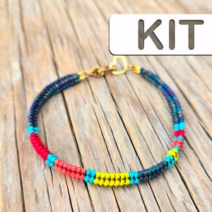 May include: A colorful beaded bracelet kit with red, yellow, blue, and turquoise beads. The kit includes all the materials needed to make a bracelet.