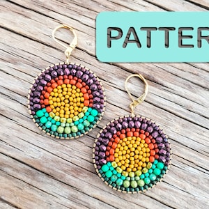 May include: A pair of beaded earrings with a rainbow pattern. The earrings are round and have a gold hook closure. The beads are in shades of purple, orange, yellow, green, and turquoise.
