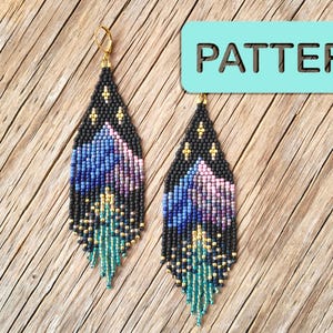 May include: A pair of beaded earrings with a mountain and star design. The earrings are black with blue, pink, and green accents. The earrings are labeled "PATTERN".