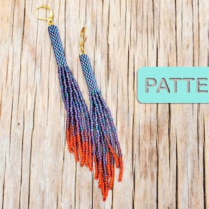 May include: A pair of long, beaded earrings with a gradient of purple and orange beads. The earrings are hanging from gold hooks and are on a wooden surface. The word "PATTERN" is written on a light blue rectangle.