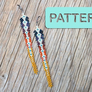 May include: A pair of long, beaded earrings with a geometric pattern in shades of orange, yellow, white, and blue. The earrings are hanging from silver hooks.