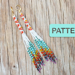 May include: A pair of long, beaded earrings with a colorful geometric pattern. The earrings are made with white, orange, red, yellow, turquoise, and purple beads. The earrings are hanging from gold hooks.