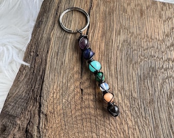 Handmade Chakra Gemstone Keychain, Black Wire Wrapped Bag Charm