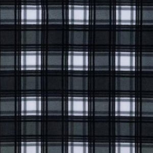 May include: A close-up of a plaid fabric pattern. The pattern features a grid of intersecting lines in black, dark gray, and light gray, creating a checkered design with white squares. The fabric appears to be soft and textured.