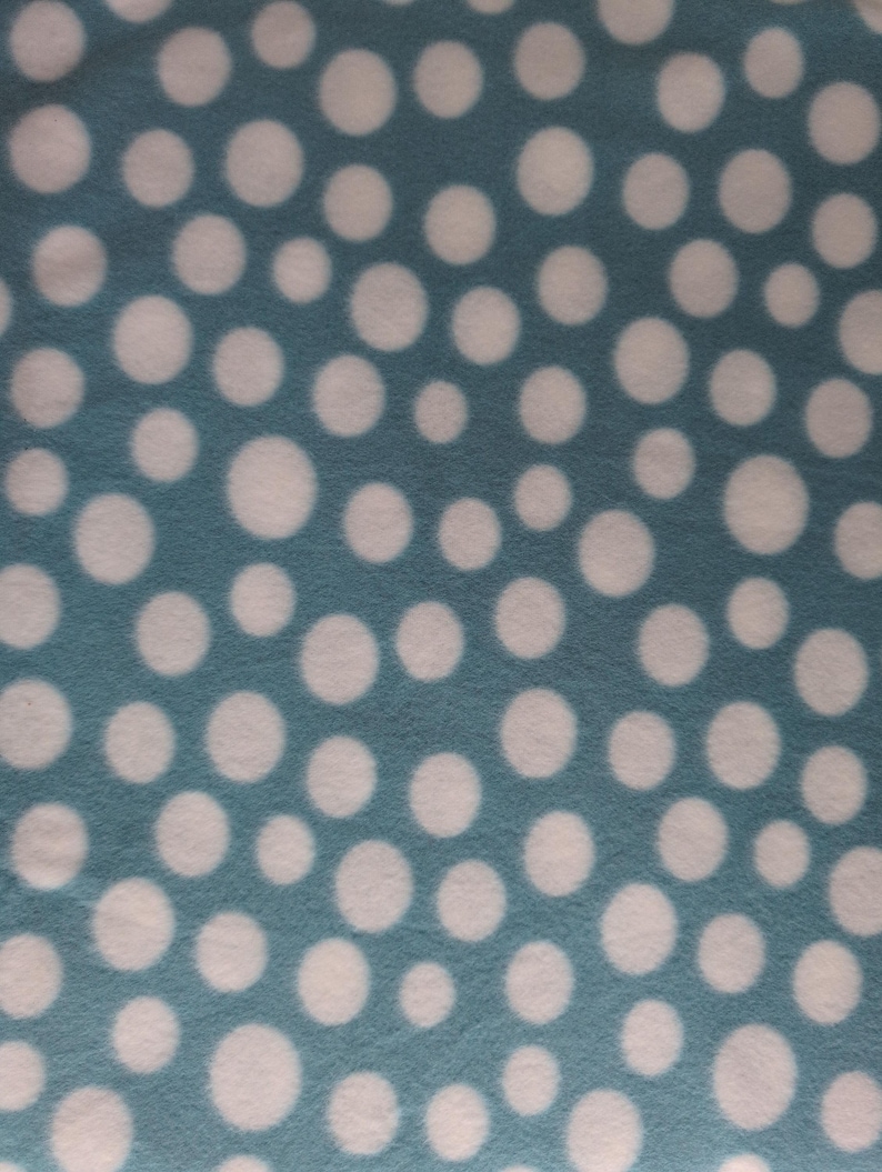May include: Close-up of a teal fabric with a pattern of white polka dots of varying sizes. The fabric has a soft, fuzzy texture. The polka dots are evenly spaced across the surface.