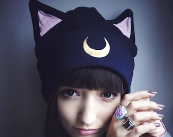 Black cat - luna beanie - skull cap with cat ears