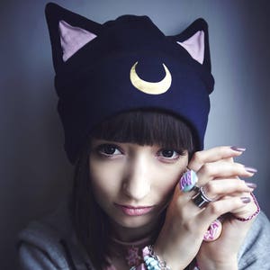 黒猫 - ルナビーニー - 猫耳付きスカルキャップ