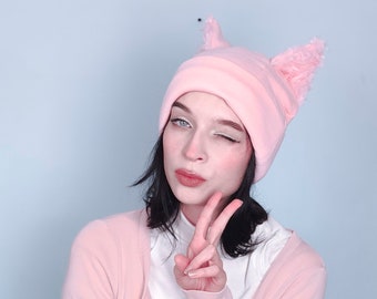 Gorro de invierno con forma de animal - zorro rosa bebé - pelaje, orejas, cálido, peludo