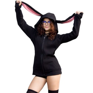 Goth bunny ear hoodie - male female animal gothic furry