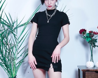 Fitted Goth Gothic Grunge stretchy fitted dress sexy handmade black o-ring
