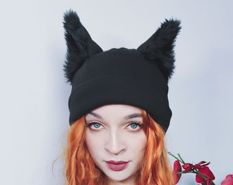 Winter animal beanie - black wolf - fur, ears, warm, furry