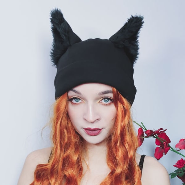 Winter animal beanie - black wolf - fur, ears, warm, furry