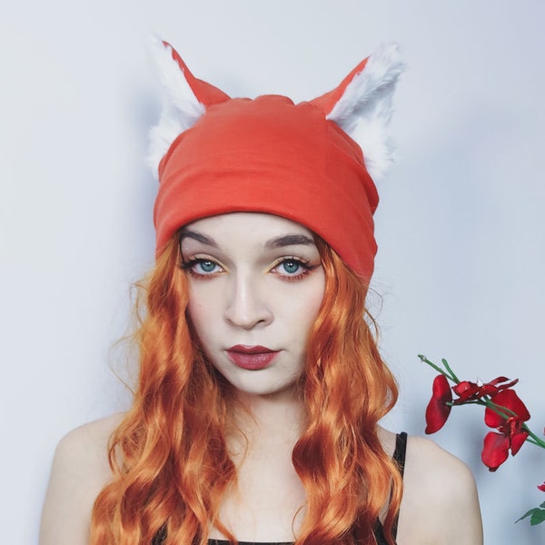 Winter animal beanie - red fox with ears