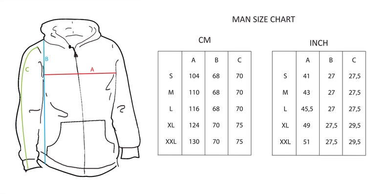 Puede incluir: Una tabla de tallas para una sudadera con capucha con medidas en pulgadas y cent&iacute;metros. La tabla muestra las medidas del pecho, la longitud de la manga y la longitud del cuerpo en pulgadas y cent&iacute;metros para las tallas S, M, L, XL y XXL.