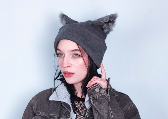 Winter Animal Beanie Gray Wolf Fur Ears 