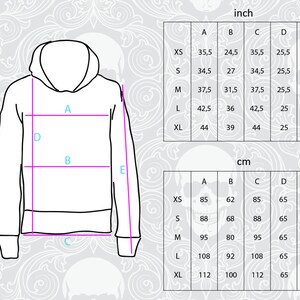Puede incluir: Una tabla de tallas para una sudadera con capucha con medidas en pulgadas y cent&iacute;metros. La tabla muestra las medidas del ancho, la longitud y la longitud de la manga de la sudadera con capucha en diferentes tallas, de XS a XL.