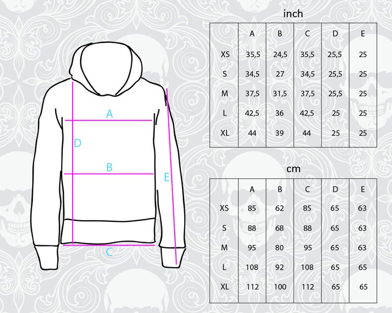 Puede incluir: Una tabla de tallas para una sudadera con capucha con medidas en pulgadas y cent&iacute;metros. La tabla muestra las medidas del ancho, la longitud y la longitud de la manga de la sudadera con capucha en diferentes tallas, de XS a XL.