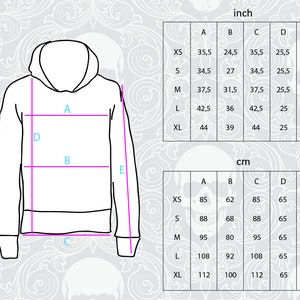 Puede incluir: Una tabla de tallas para una sudadera con capucha con medidas en pulgadas y cent&iacute;metros. La tabla muestra las medidas del ancho, la longitud y la longitud de la manga de la sudadera con capucha en diferentes tallas, de XS a XL.