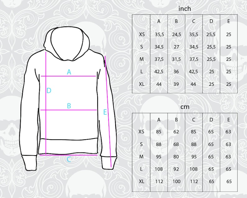 Puede incluir: Una tabla de tallas para una sudadera con capucha con medidas en pulgadas y cent&iacute;metros. La tabla muestra las medidas del ancho, la longitud y la longitud de la manga de la sudadera con capucha en diferentes tallas, de XS a XL.