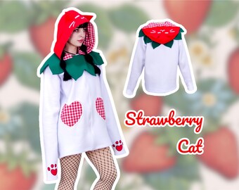 Strawberry Cat Hoodie – Kawaii Unisex Zip-Up Sweatshirt