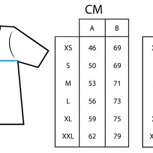 May include: A size chart for a t-shirt with measurements in inches and centimeters. The chart shows the measurements for the length (A) and width (B) of the shirt in different sizes: XS, S, M, L, XL, and XXL.
