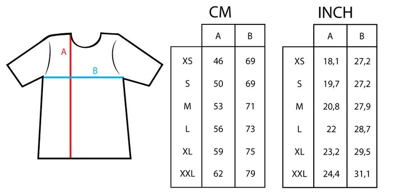 May include: A size chart for a t-shirt with measurements in inches and centimeters. The chart shows the measurements for the length (A) and width (B) of the shirt in different sizes: XS, S, M, L, XL, and XXL.